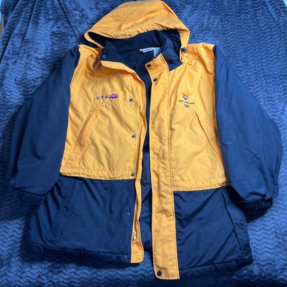 Vintage Olympics Parka Jacket Mens Sz XL Yellow Black Full Zip Salt Lake 2002